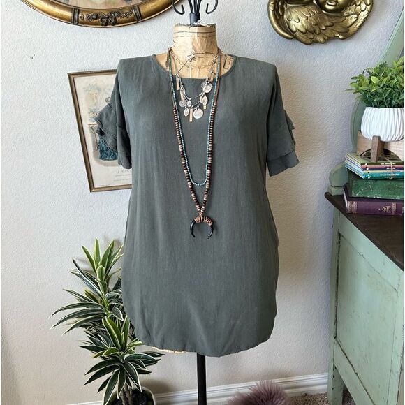 ee: some 100% Linen Olive Green Ruffle Flounce Sleeve Blouse Sz S - Picture 2 of 12